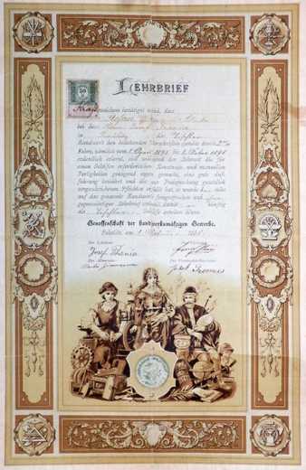 Výuční list Tomáše Štefana z roku 1898.